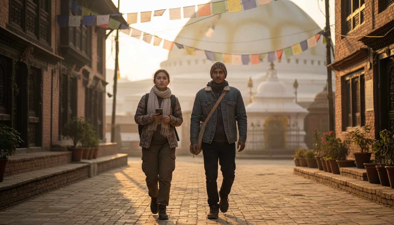 Two people walking through a sunlit Kathmandu lane beneath prayer flags