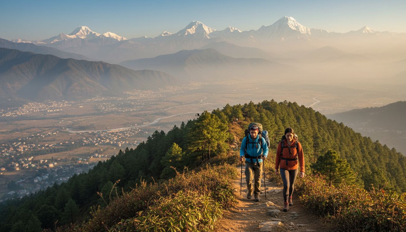 Hikers on a ridge with Himalayan peaks on the horizon