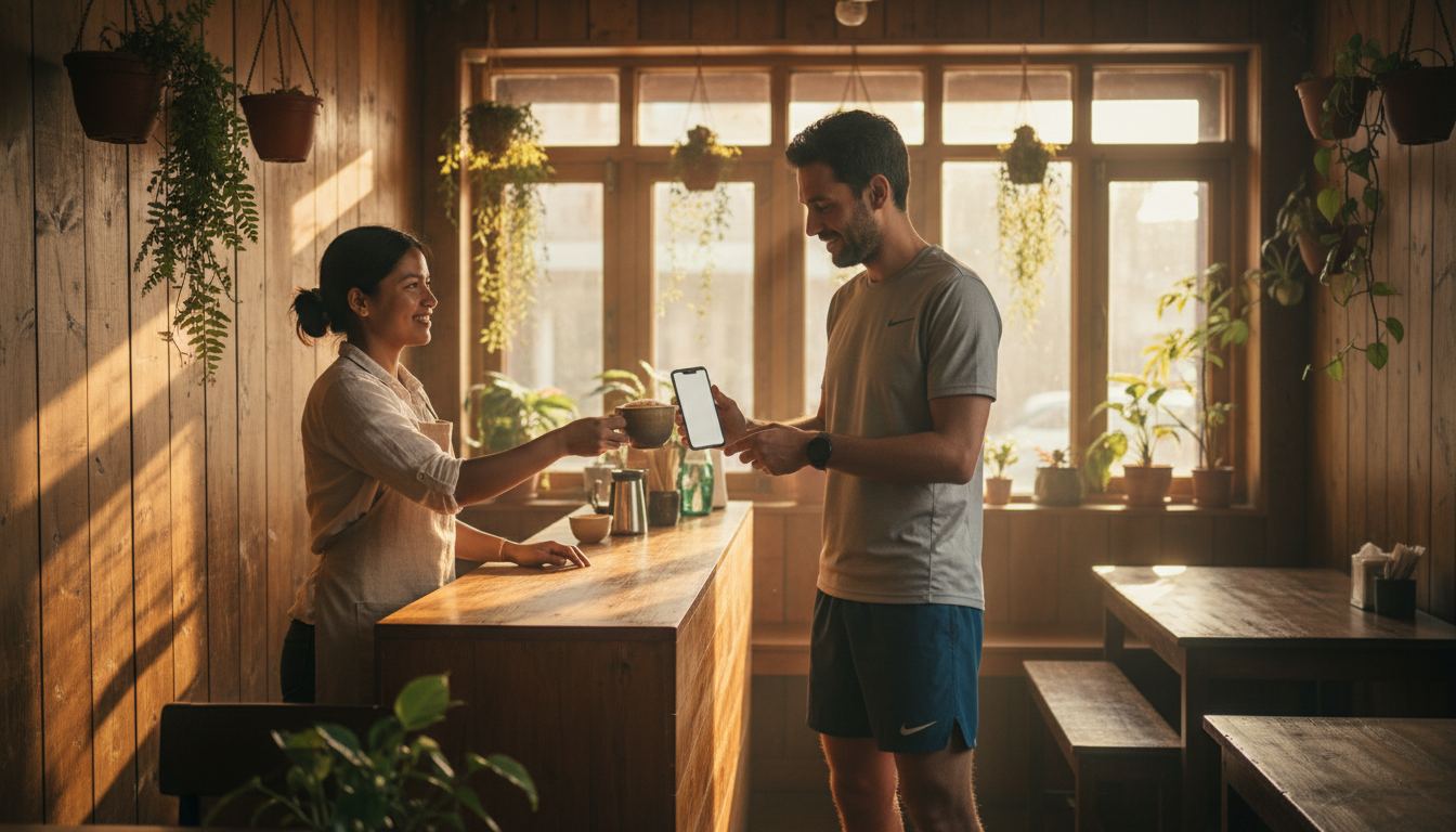 A neighbourhood café owner serving a warm drink to a visitor