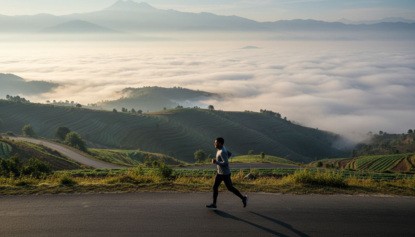 Runner on a hillside road above a mist-filled valley